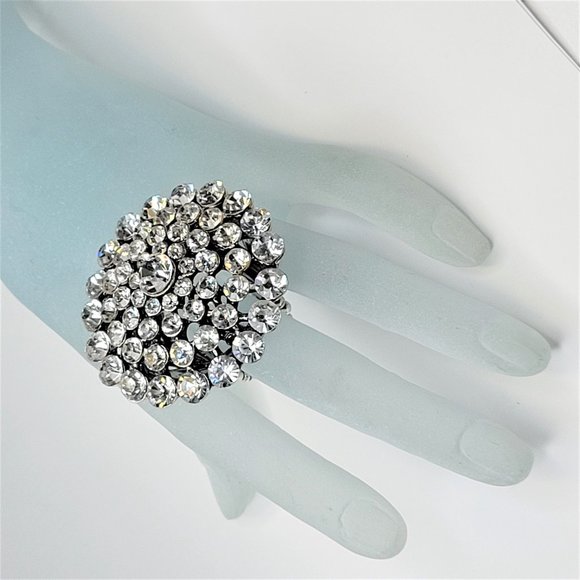 Vintage Crystal Cluster Dome Stretch Ring Adjustable Band Large Cocktail Ring - Picture 1 of 12